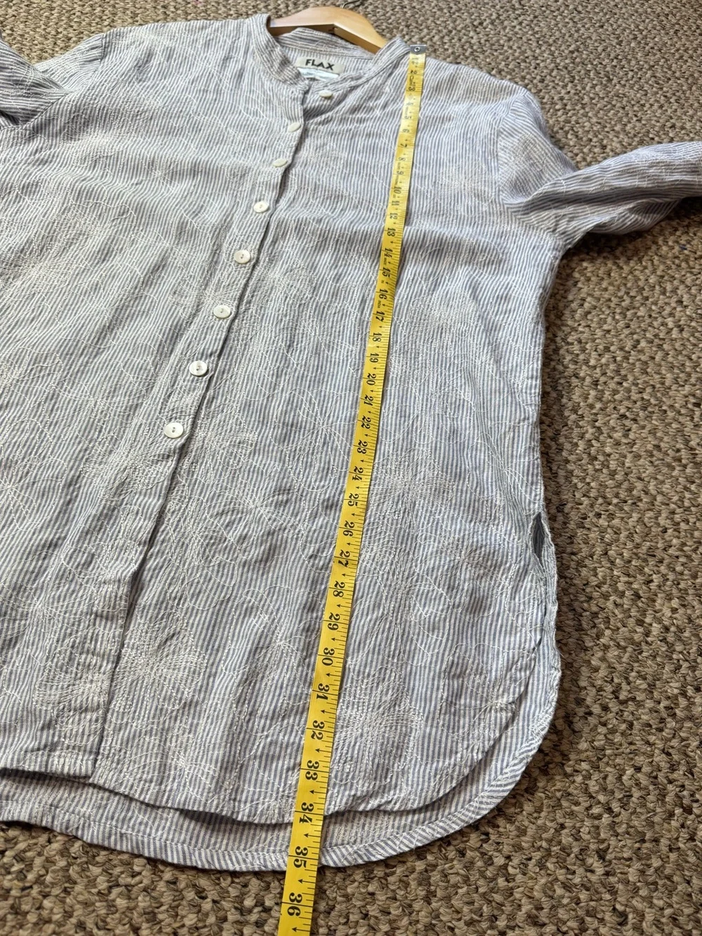 FLAX 100% Linen Button-Down Roll-Tab Floral Embroidered Tunic Shirt Dress size M